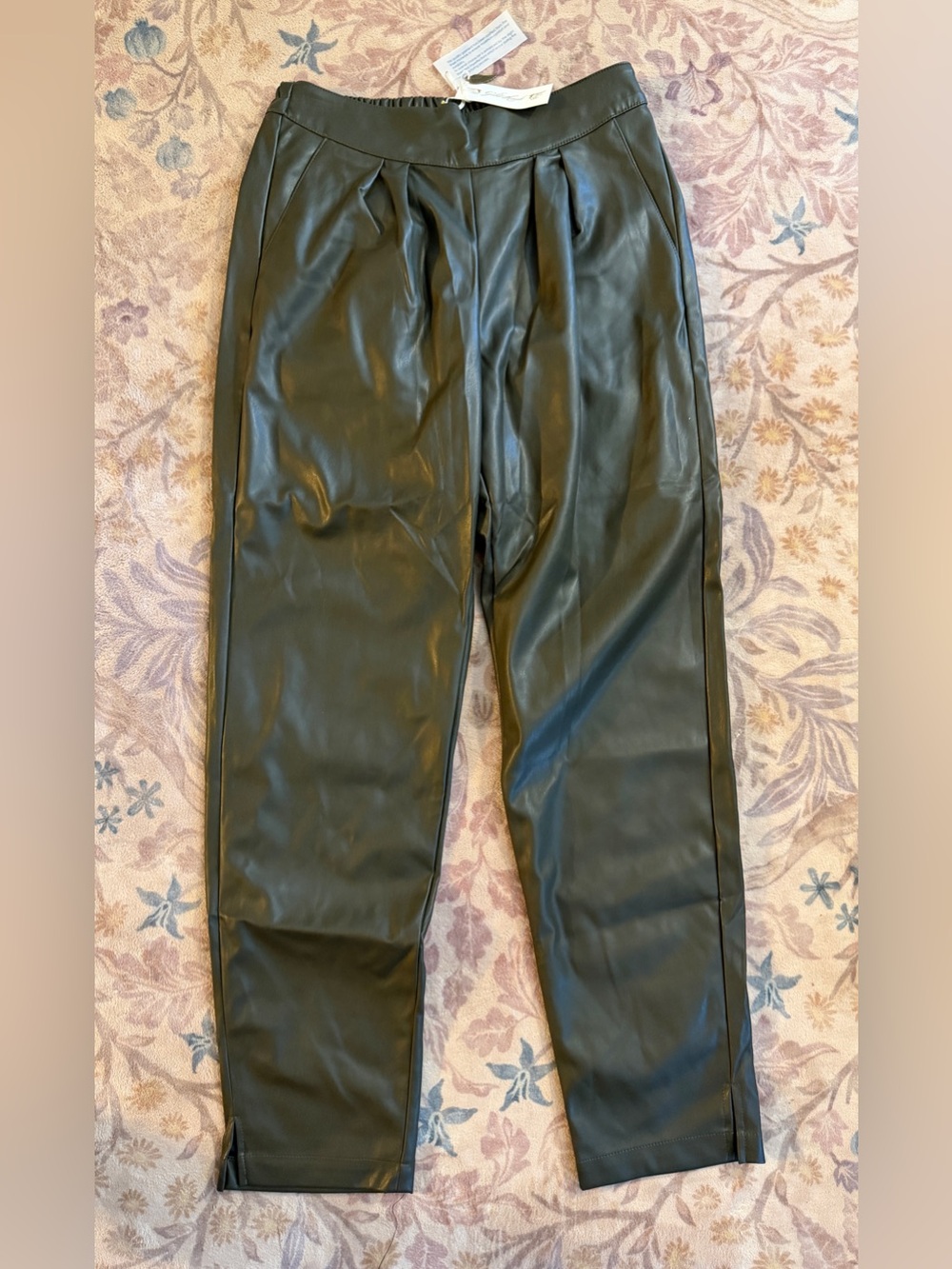 Gold Hawk Pleated Faux Leather Pants in Dark Green